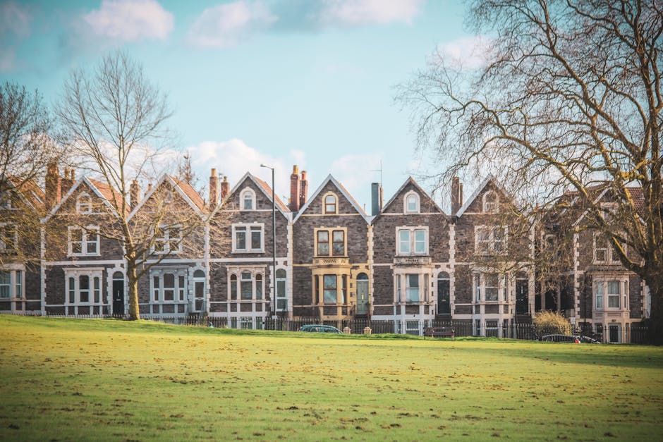 Visible in the image are a row of Victorian-style terraced houses constructed from dark grey and brown bricks, with detailed white window frames and decorative stonework around the windows and doors. The houses have pitched roofs with slate tiles, some featuring chimneys, and a small set of steps leading to front doors, which are painted in various muted colours, including teal and dark brown. In the foreground, there is a well-maintained, lush green lawn, which spans the width of the image, with the grass appearing neatly trimmed. Tall, leafless trees are positioned on both sides of the scene, their branches extending towards the overcast sky, casting subtle shadows over the area. The environment suggests a quiet residential street, with a paved pathway or driveway partially visible on the right side. The overall scene is illuminated by natural daylight, creating a balanced, softly lit atmosphere typical of a mild autumn or spring day, with a clear blue sky and some scattered clouds, subtly supporting the context of private property and on-site waste management alternatives associated with rubbish removal services like Rubbish Removal Catford, situated in a suburban setting typical for housing areas requiring rubbish clearance or integrated waste handling solutions.